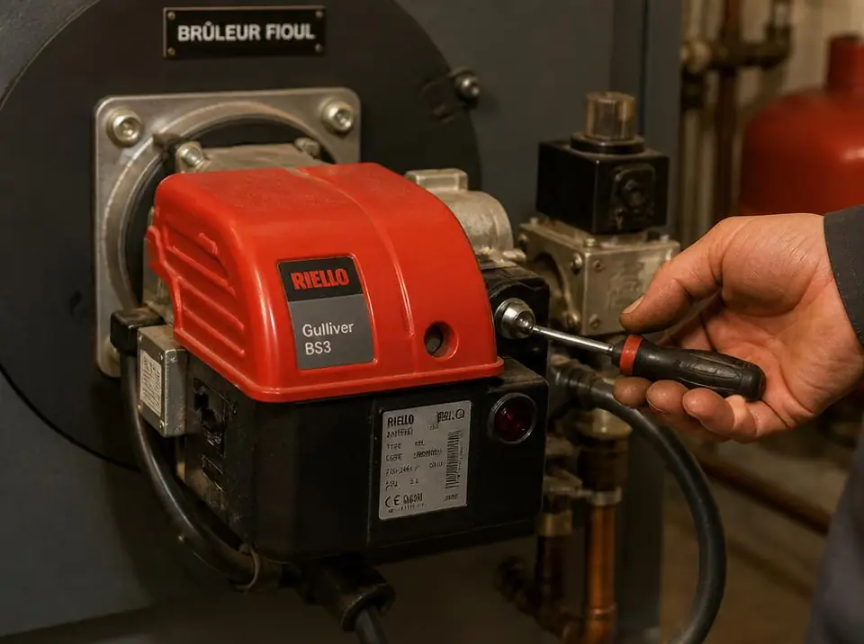 Brûleur fioul en cours de réglage par un technicien